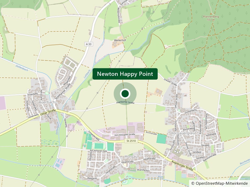 Karte: Der Newton Happy Point liegt auf einem Feld nördlich der Auerbacher Straße, zwischen Horgau und Auerbach