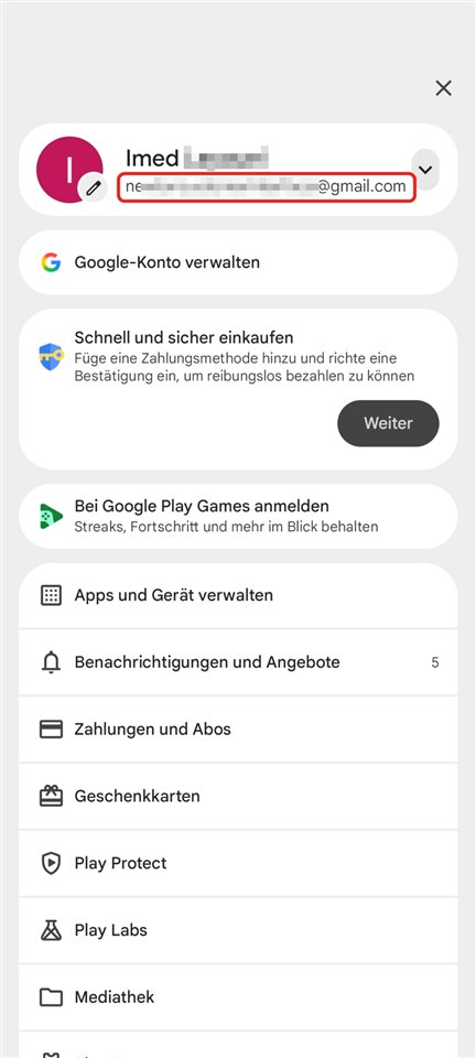 Screenshot: Im Play Store unter deinem Profilbild steht die E-Mail-Adresse deines Google-Kontos