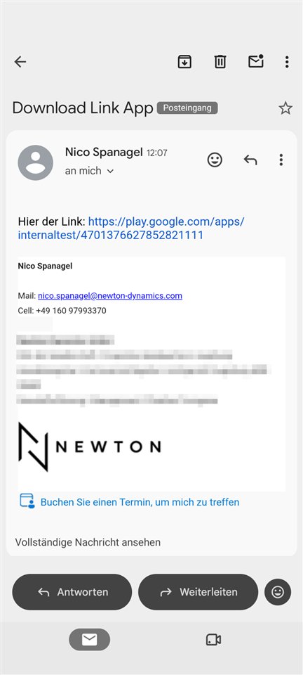 Screenshot: E-Mail von Newton mit dem Link zur Test-App im Google Play Store