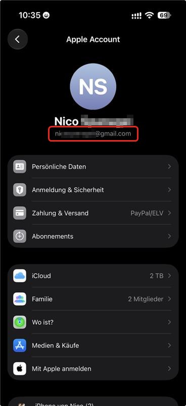 Screenshot: In den Einstellungen unter deinem Namen steht die E-Mail-Adresse deiner Apple-ID