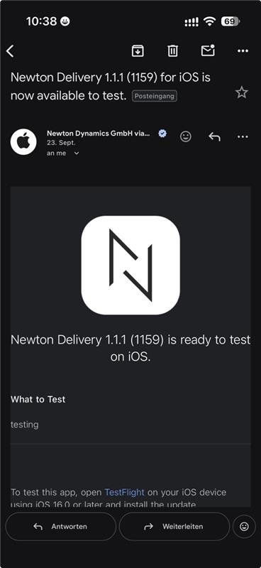 Screenshot: Einladungs-Mail „Newton Delivery is now available to test“ von Newton Dynamics GmbH via TestFlight