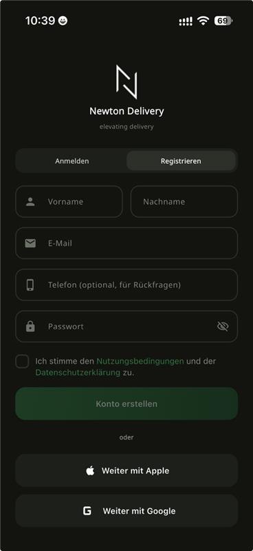 Screenshot: Registrieren in der Newton-App mit Vorname, Nachname, E-Mail und Passwort