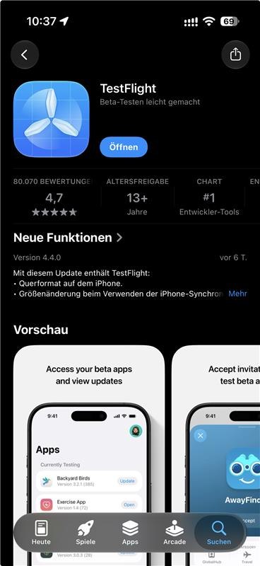 Screenshot: Die App TestFlight im App Store